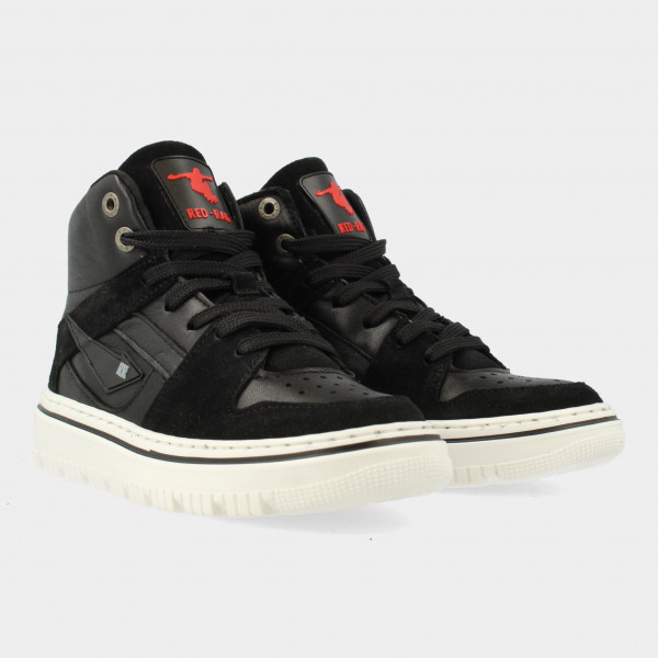 Lederlook Hoge Sneakers met Ruitpatroon Rood - Black-Leo.nl